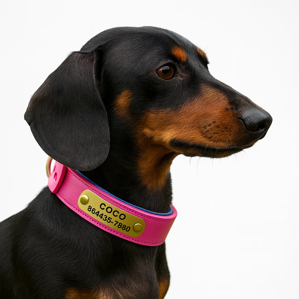 Taggio Dachshund Engraved Collar – Custom PU Leather Nameplate ID Collar