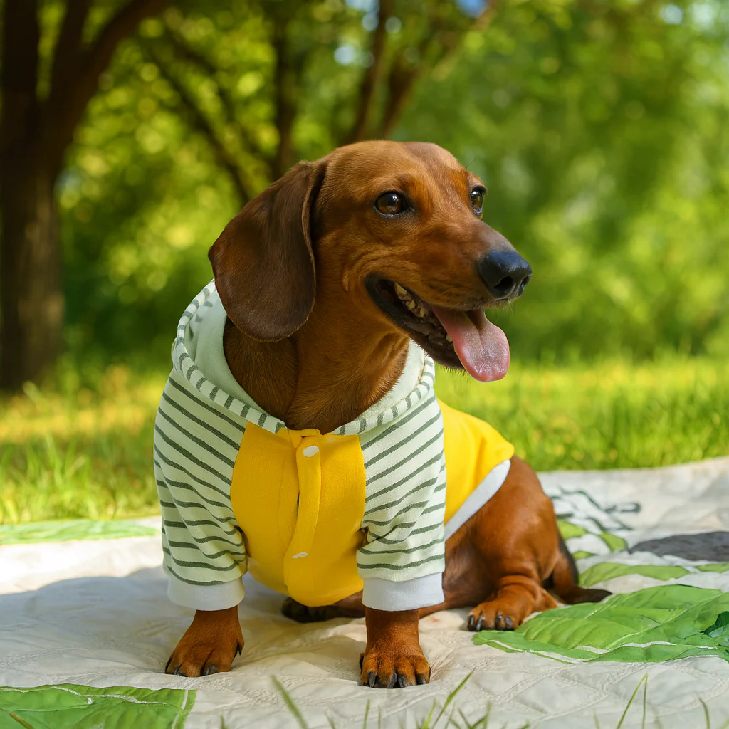 Barkana Dachshund Hooded Sweatshirt – Striped Sleeve Cozy Dog Outfit - Image 2