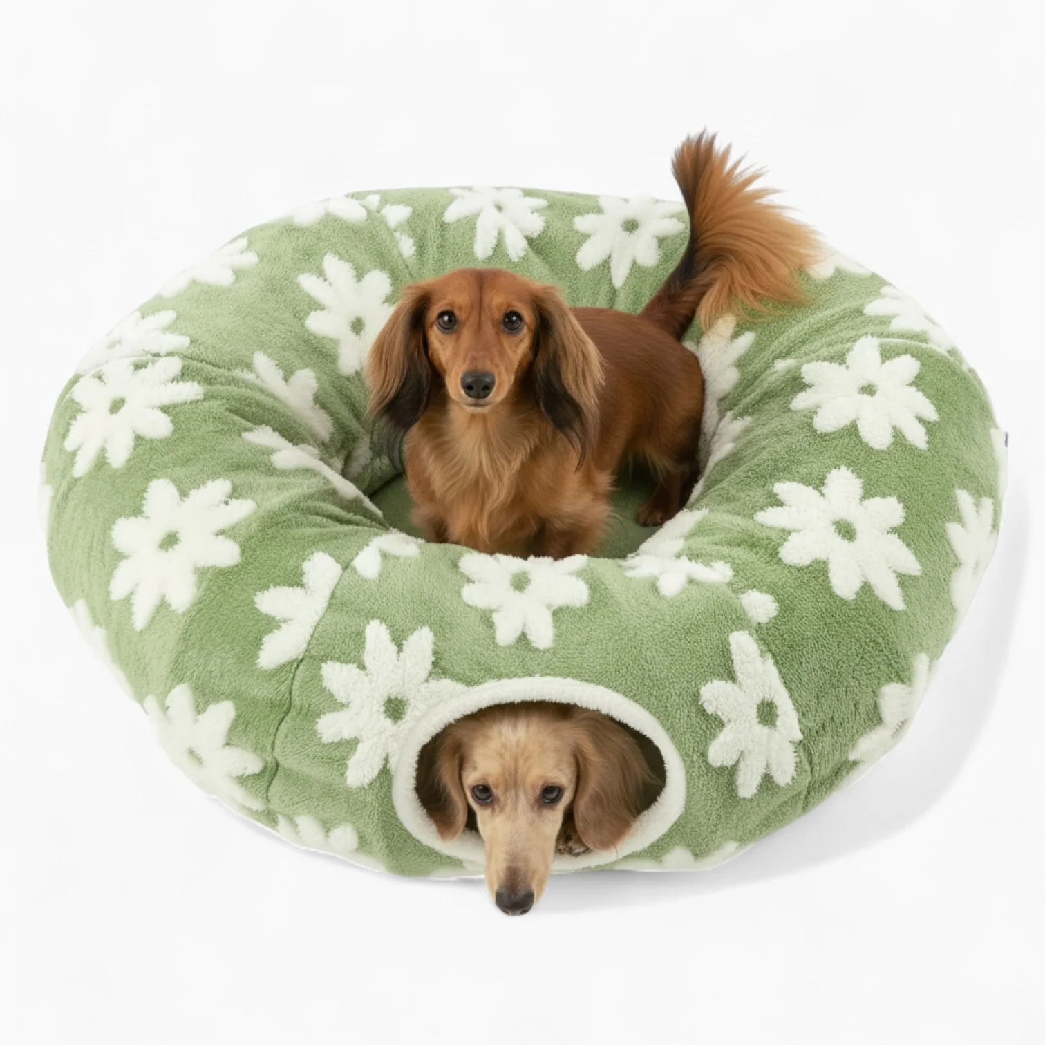 SnugTail™ Dachshund Tunnel Bed - Flower Design Plush Foldable Dog Bed