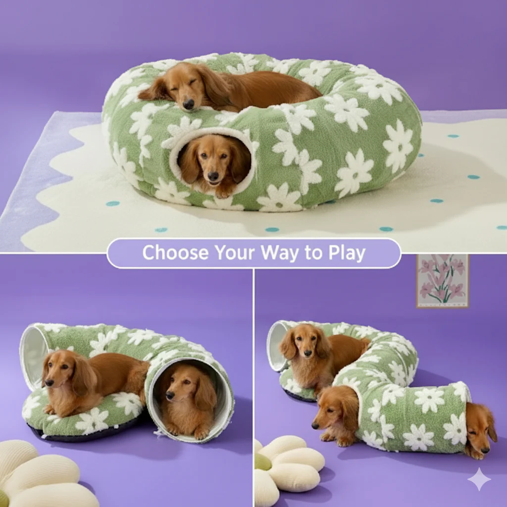SnugTail™ Dachshund Tunnel Bed - Flower Design Plush Foldable Dog Bed - Image 4