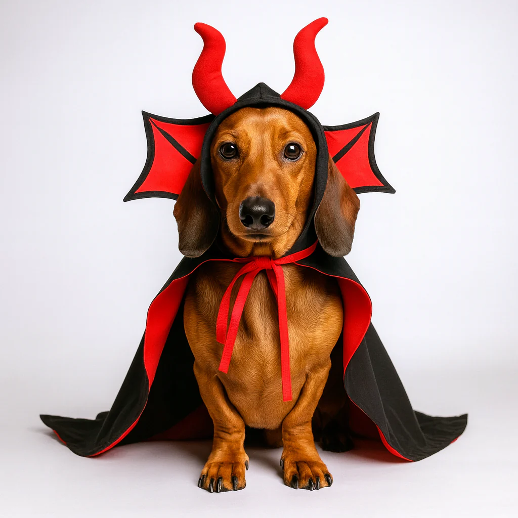 SpookTail Dachshund Vampire Costume – Adjustable Halloween Dog Clothe with Horns Cape