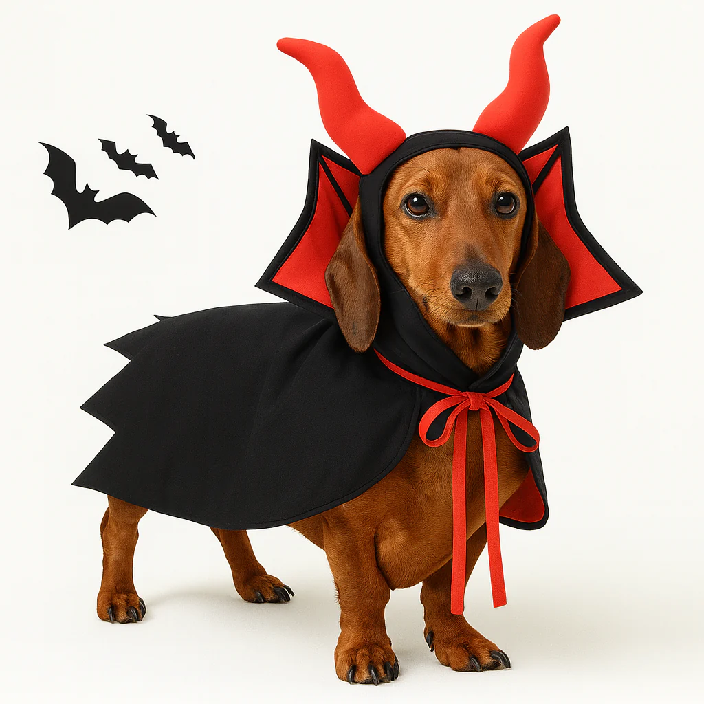 SpookTail Dachshund Vampire Costume – Adjustable Halloween Dog Clothe with Horns Cape - Image 2