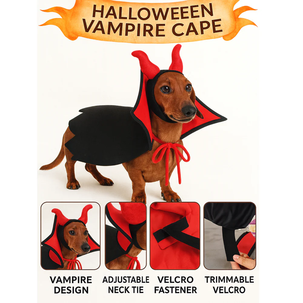SpookTail Dachshund Vampire Costume – Adjustable Halloween Dog Clothe with Horns Cape - Image 3