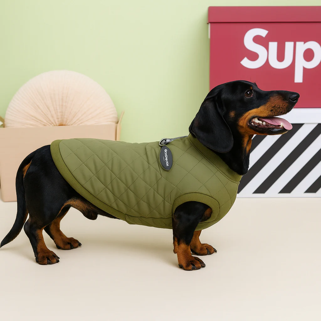 DoxWear Quilted Dachshund Winter Vest – Waterproof Fleece-Lined Harness-Ready Jacket with Reflective D-Ring - Image 4