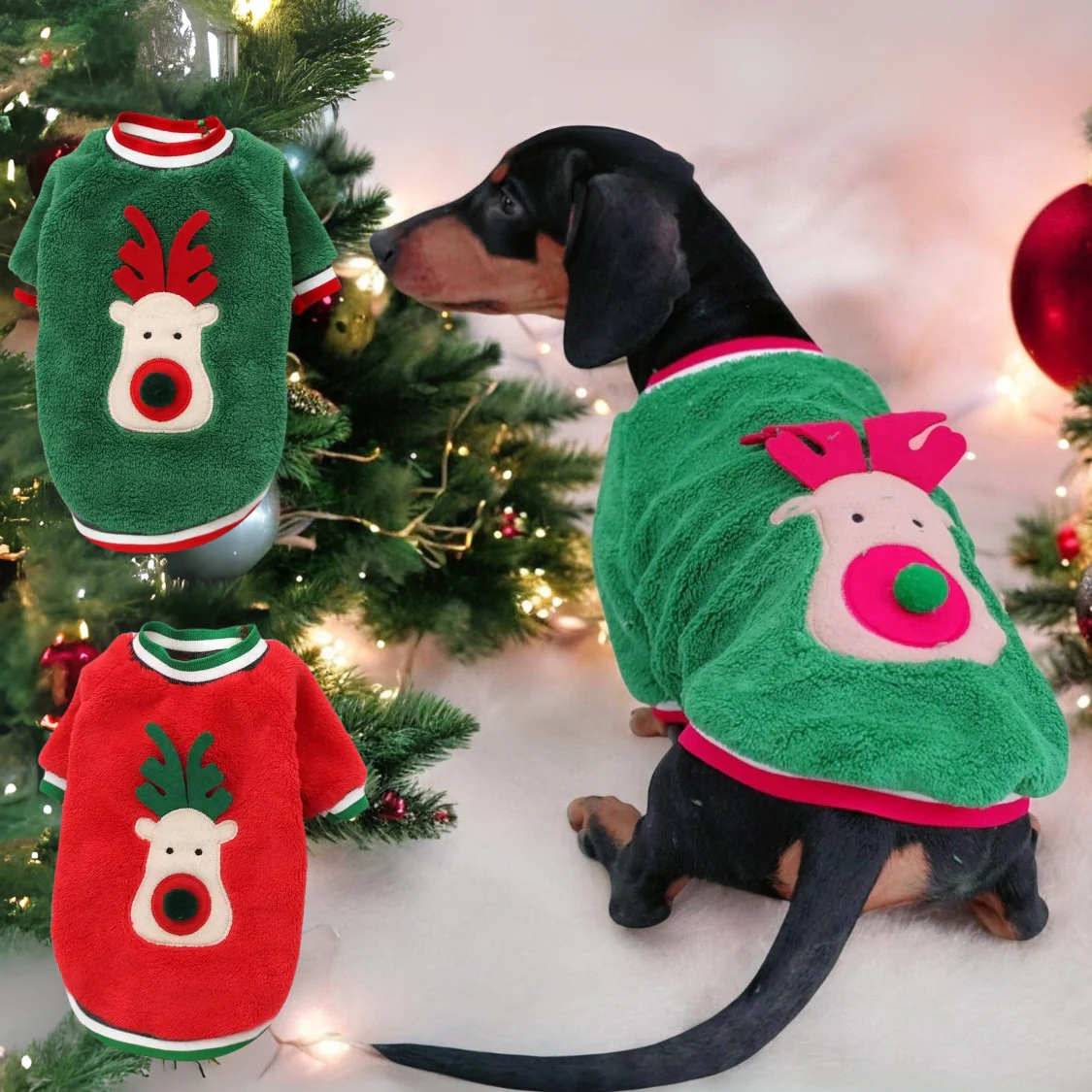 Doxie Coral Fleece Christmas Sweater - Festive Reindeer Holiday Apparel for Dachshund