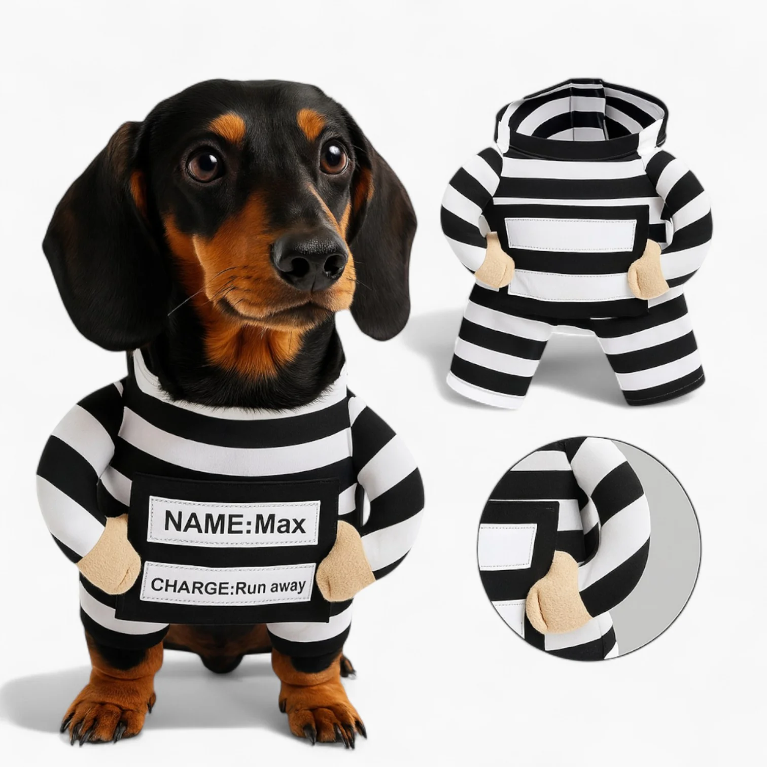 Pawsh Dachshund Prisoner Costume - Funny Halloween Striped Jumpsuit with ID Tag - Image 3