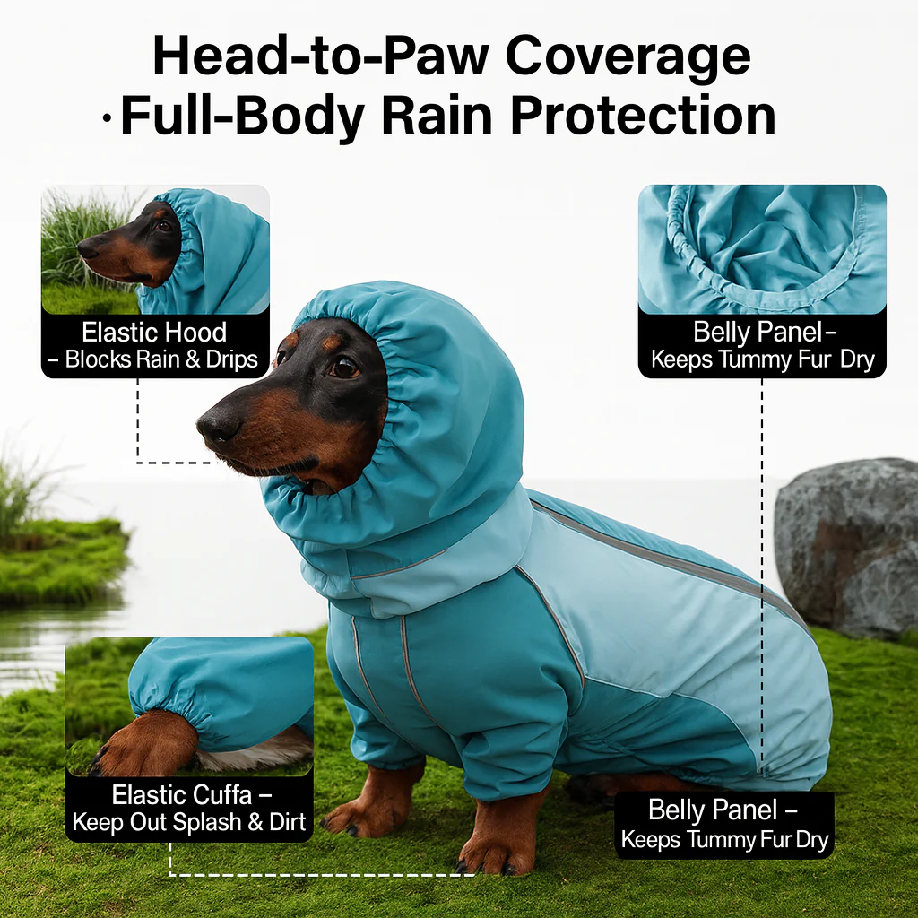 RainHound Dachshund Full-Body Raincoat – Hooded Waterproof Jumpsuit with Belly Panel and Reflective Trim - Image 4